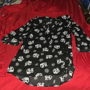 Cure. Black & White Elephant Print Blouse With 3/4 Roll-Tab Sleeves